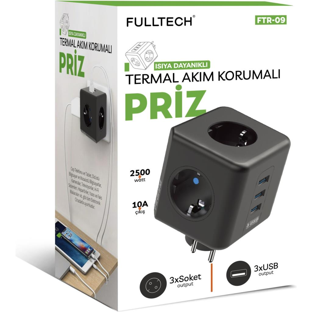 Fulltech Termal Akım Korumalı, Isıya Dayanıklı Çoklu Piriz, 3x USB FTR-09